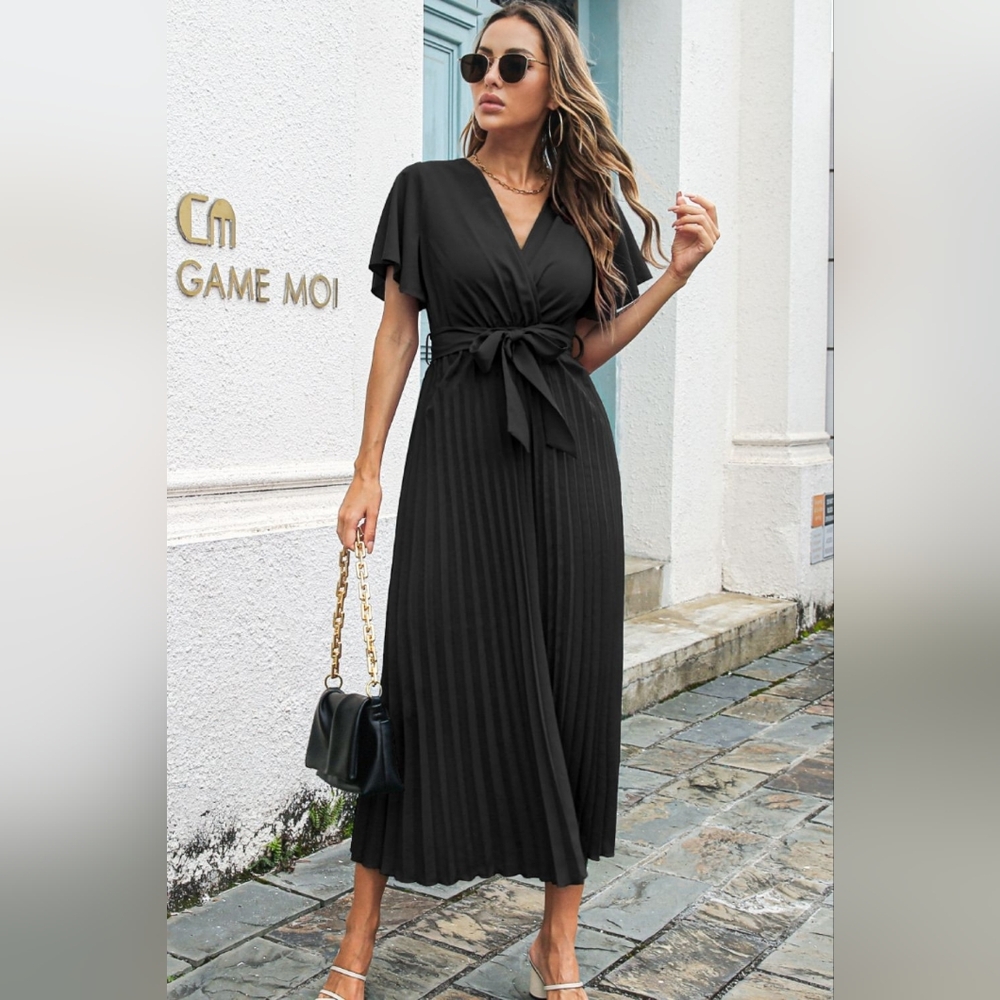 Black Belted Surplice Midi Dress